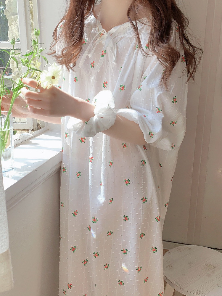 퓨어 화이트 장미 꽃 패턴 원피스 파자마 홈웨어 잠옷
