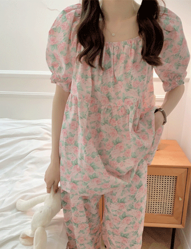핑크 플라워 패턴 반팔 잠옷 세트 꽃 파자마 홈웨어
