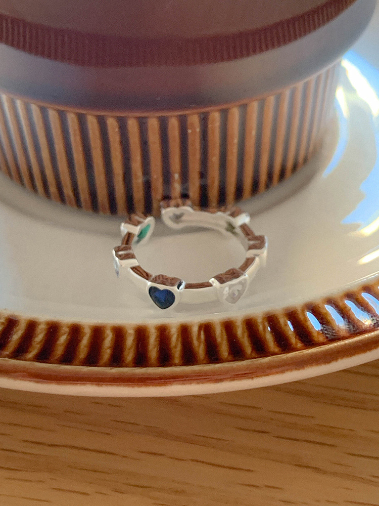 (실버925) 프리사이즈 레인보우 컬러 큐빅 하트 은 반지