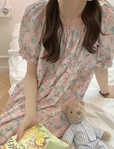 핑크 로즈 플라워 패턴 반팔 원피스 잠옷 파자마 홈웨어
