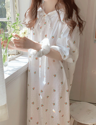 퓨어 화이트 장미 꽃 패턴 원피스 파자마 홈웨어 잠옷